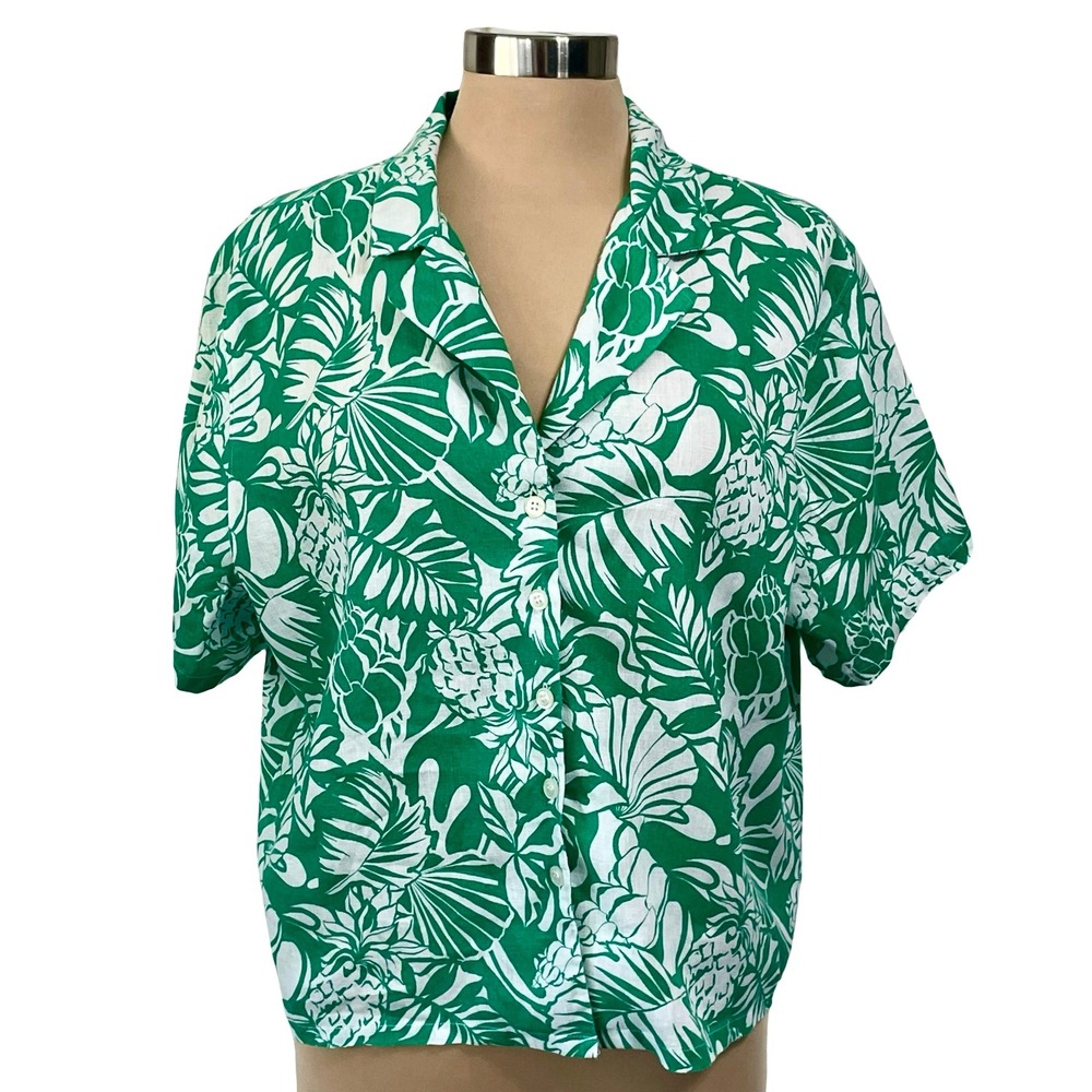 Nicole Miller Green White Tropical Pineapple Linen Button Down Camp Shirt Sz L
